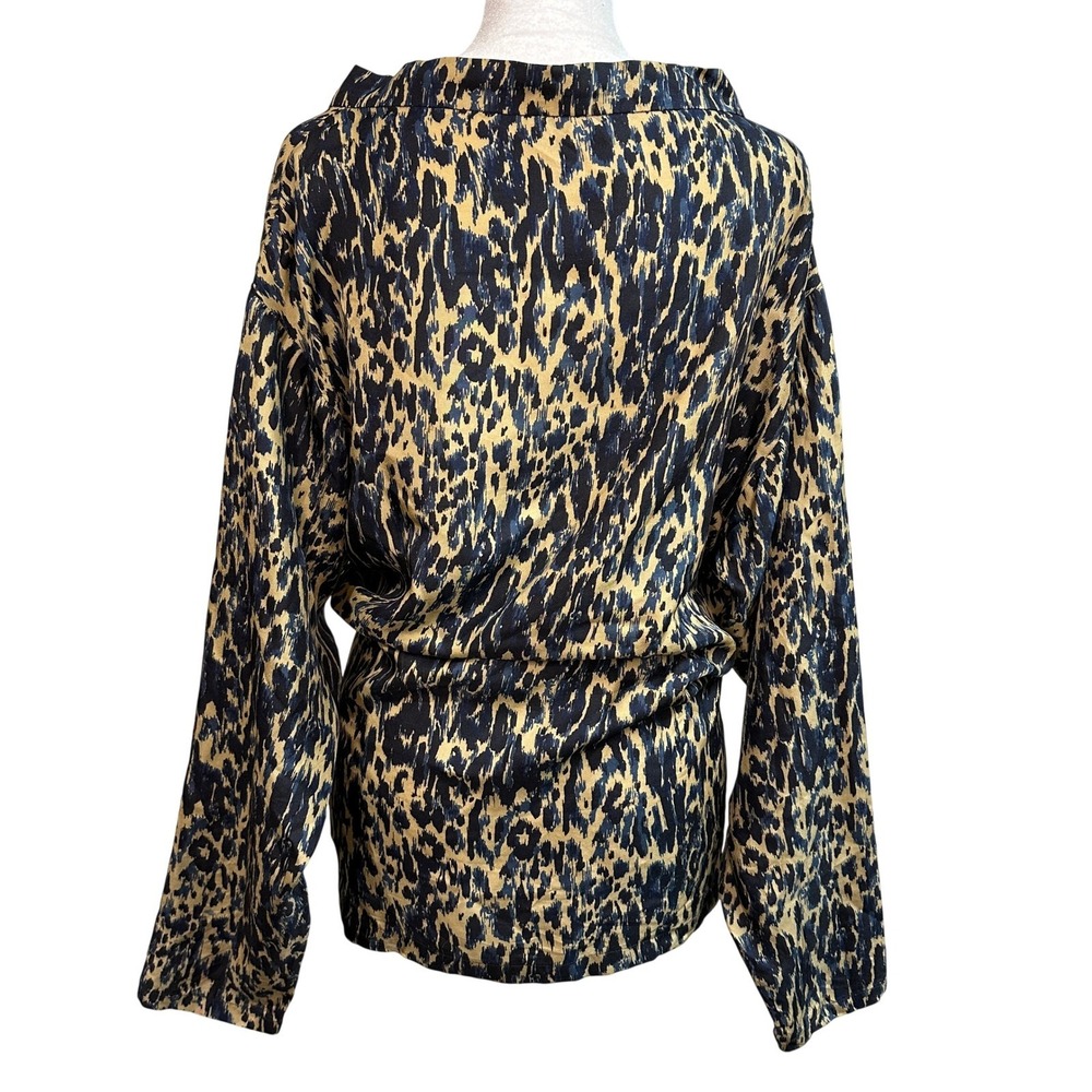 Dries‎ Van Noten 100% Silk Leopard Print Twisted Front Snap Blouse Blue Tan 42 - Picture 4 of 11